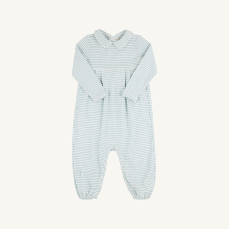 Long Sleeve Bradford Romper - Old Greenwich Green Stripe with Worth Avenue White