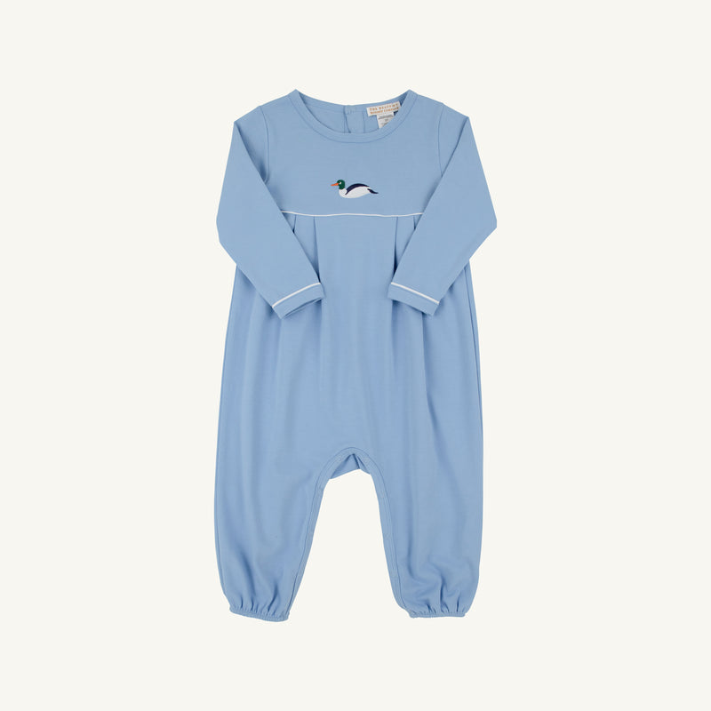 Long Sleeve Bradford Romper - Sarasota Sky & Worth Avenue White with Duck Embroidery