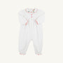 Long Sleeve Britt Romper - Worth Avenue White with Holly, a white Pima cotton baby romper featuring a Christmas-themed embroidered holly collar, red ric-rac trim, and two red buttons.