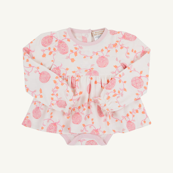 Long Sleeve Daisy's Diaper Cover Dress - Gourd-geous (Palmetto Pearl) with Palm Beach Pink