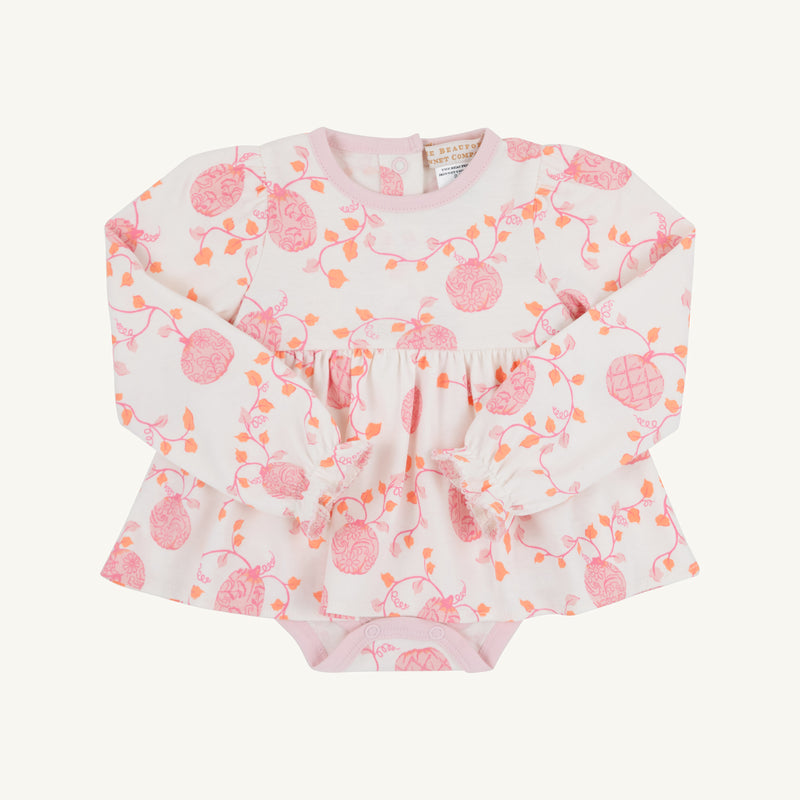 Long Sleeve Daisy's Diaper Cover Dress - Gourd-geous (Palmetto Pearl) with Palm Beach Pink