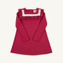 A children’s Long Sleeve Darla Dress by The Beaufort Bonnet Company, in the Begley Berry with Palmetto Pearl colorway, features an A-line silhouette with long sleeves, soft Pima Cotton Knit fabric, a white square neckline, and ruffle trim detail on the chest—shown laid flat on a light background and perfect for autumn.