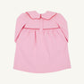 The Beaufort Bonnet Company’s Long Sleeve Maude’s Day Dress in Pier Party Pink with Richmond Red is a baby dress crafted from 100% Pima Cotton, featuring a scalloped collar, red trim, button closures on the upper back, and gentle gathering below the yoke.