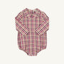 A long sleeve Peter Pan collar onesie in the classic Easton Pond Plaid from The Beaufort Bonnet Company, designed with convenient snap buttons at the bottom.