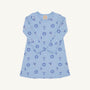 The Beaufort Bonnet Company’s Long Sleeve Polly Play Dress - Eight Nights to Remember is a light blue Hanukkah dress adorned with festive prints of Stars of David, menorahs, dreidels, and gelt coins throughout. Made from soft Pima cotton, the dress features long sleeves and is shown laid flat on a white background.