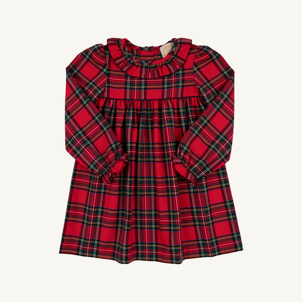Long Sleeve Ramona Ruffle Dress in a red Society Prep Plaid pattern, featuring a ruffled collar and ruffled sleeve cuffs, perfect for a Christmas dress.