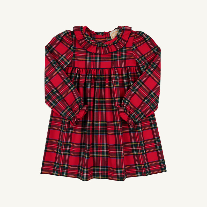 Long Sleeve Ramona Ruffle Dress in a red Society Prep Plaid pattern, featuring a ruffled collar and ruffled sleeve cuffs, perfect for a Christmas dress.