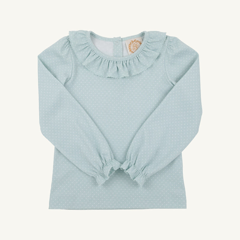 Long Sleeve Ramona Ruffle Top - Old Greenwich Green Microdot