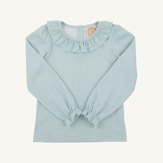 Embroidery result for: Long Sleeve Ramona Ruffle Top - Old Greenwich Green Microdot