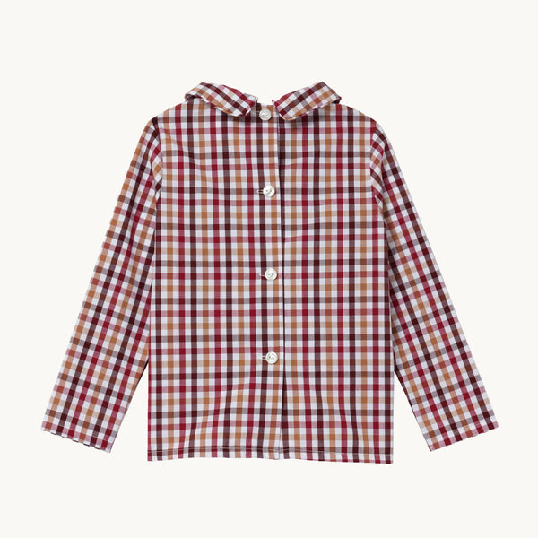 Long Sleeve Peter Pan Collar Shirt & Onesie – Easton Pond Plaid by The Beaufort Bonnet Company, featuring a long-sleeved, button-up design with a Peter Pan collar in a red, white, and brown Easton Pond Plaid pattern, displayed against a plain white background.