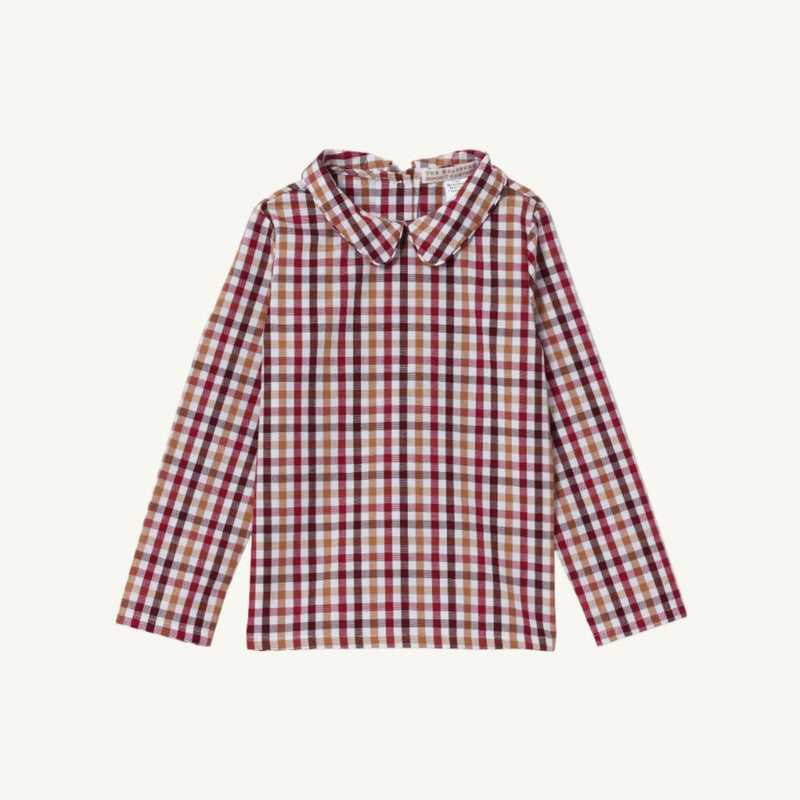 Long-sleeve Easton Pond Plaid Peter Pan collar shirt & onesie by The Beaufort Bonnet Company, shown laid flat on a white background.