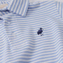 Long Sleeve Prim & Proper Polo in Park City Periwinkle Stripe with Nantucket Navy, a Pima cotton shirt with white and light blue horizontal stripes and a dark blue bird logo embroidered on the chest.