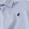 Long Sleeve Prim & Proper Polo in Park City Periwinkle Stripe with Nantucket Navy, a Pima cotton shirt with white and light blue horizontal stripes and a dark blue bird logo embroidered on the chest.