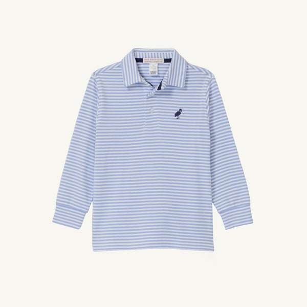 The Beaufort Bonnet Company Long Sleeve Prim & Proper Polo - Park City Periwinkle Stripe with Nantucket Navy is a long-sleeve pima cotton shirt featuring light blue and white horizontal stripes, a navy blue collar, and a dark blue bird logo.