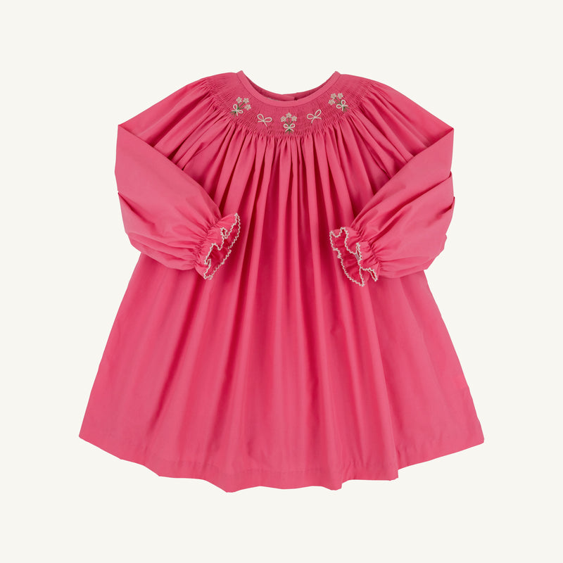 Long Sleeve Sandy Smocked Dress - Romany Rose with Flower & Bow Smocking
