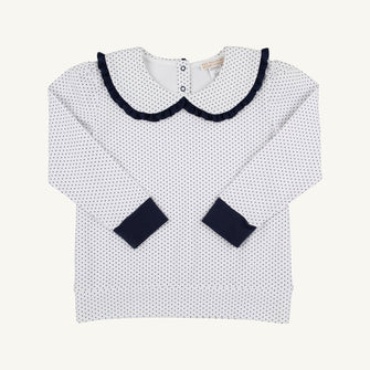 Embroidery result for: Maude's Ruffle Cassidy Comfy Crewneck - Nantucket Navy Microdot with Worth Avenue White