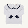 Sure! Here’s the rewritten sentence using the provided product data: The Beaufort Bonnet Company’s Maude’s Ruffle Cassidy Comfy Crewneck in Nantucket Navy Microdot with Worth Avenue White is neatly laid flat on a plain background, showcasing its long sleeves, large Peter Pan collar trimmed in black, black cuffs, and delicate microdot detailing throughout.