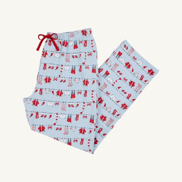 Introducing the Men’s Sunday Style Sweatpants - Santa’s Laundry Line by The Beaufort Bonnet Company: These light blue pajama pants feature a festive print of clothes hanging on clotheslines—including socks, shirts, and mittens in cheerful red and white hues—accented with a red drawstring. Perfect Christmas loungewear or relaxed holiday sweatpants for men.