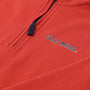 A close-up of The Beaufort Bonnet Company’s Ole Miss Hayword Half-Zip in Ole Miss Red with Nantucket Navy showcases an embroidered logo in white and blue thread on the chest, complemented by a navy zipper pull near the top—perfect for effortless game day layering.