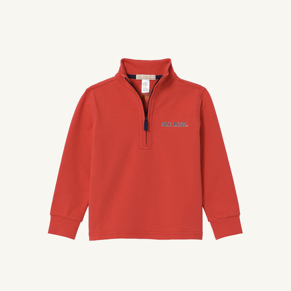 The Beaufort Bonnet Company Ole Miss Hayword Half-Zip in Ole Miss Red with Nantucket Navy features a blue and white embroidered logo on the left chest, making it the perfect long-sleeve pullover for layering on game day; shown against a plain white background.