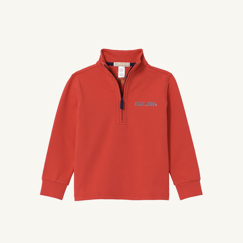 The Beaufort Bonnet Company Ole Miss Hayword Half-Zip in Ole Miss Red with Nantucket Navy features a blue and white embroidered logo on the left chest, making it the perfect long-sleeve pullover for layering on game day; shown against a plain white background.