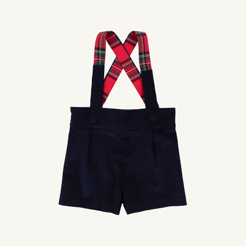 Peabody Prep Short - Nantucket Navy Corduroy with Society Prep Plaid shorts featuring crisscrossed red plaid suspenders.