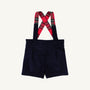 Peabody Prep Short - Nantucket Navy Corduroy with Society Prep Plaid shorts featuring crisscrossed red plaid suspenders.