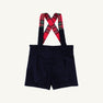 Peabody Prep Short - Nantucket Navy Corduroy with Society Prep Plaid shorts featuring crisscrossed red plaid suspenders.