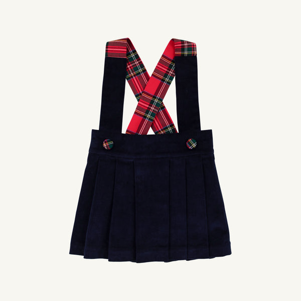 Pearl Prep Skirt in Society Prep Plaid featuring navy pleated fabric and crisscross Nantucket Navy corduroy suspender straps.
