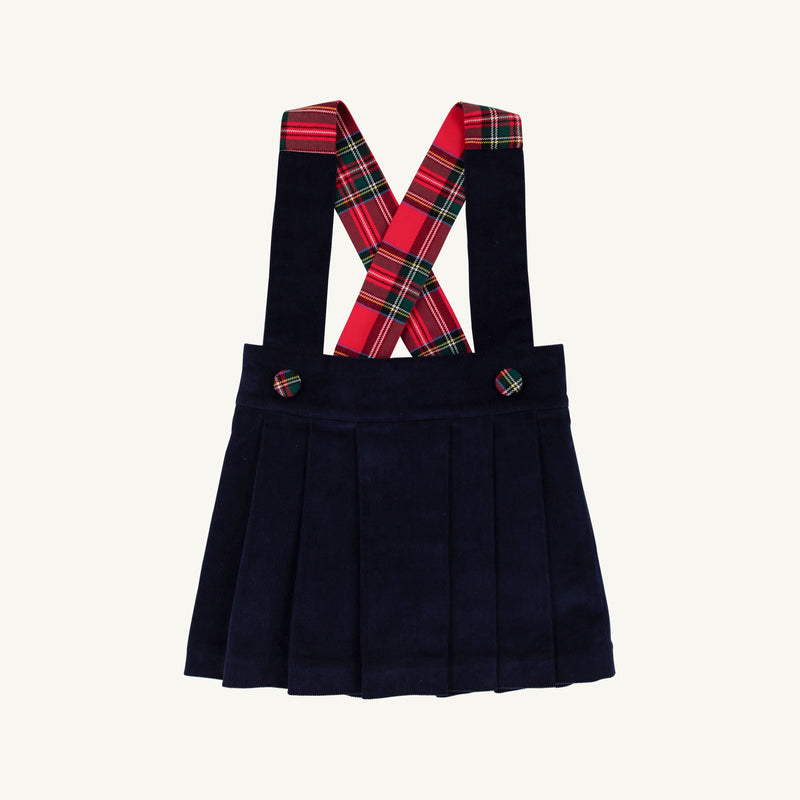 Pearl Prep Skirt in Society Prep Plaid featuring navy pleated fabric and crisscross Nantucket Navy corduroy suspender straps.