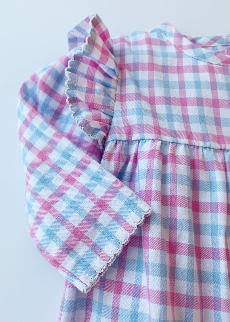 Leigh Ann Angel Sleeve Romper (Flannel) - Barrington Blue & Hamptons Hot Pink Gingham