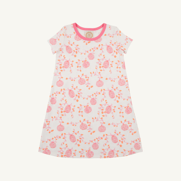 Introducing the Polly Play Dress - Gourd-geous (Palmetto Pearl) with Romany Rose from The Beaufort Bonnet Company—a charming white A-line T-shirt dress for girls, featuring short sleeves, pink crew neck trim, and an allover pink and orange floral pomegranate vine print. Made from soft, breathable Pima cotton, this Fall dress ensures both comfort and playful style all day long.