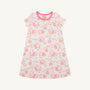 Introducing the Polly Play Dress - Gourd-geous (Palmetto Pearl) with Romany Rose from The Beaufort Bonnet Company—a charming white A-line T-shirt dress for girls, featuring short sleeves, pink crew neck trim, and an allover pink and orange floral pomegranate vine print. Made from soft, breathable Pima cotton, this Fall dress ensures both comfort and playful style all day long.