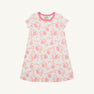 Introducing the Polly Play Dress - Gourd-geous (Palmetto Pearl) with Romany Rose from The Beaufort Bonnet Company—a charming white A-line T-shirt dress for girls, featuring short sleeves, pink crew neck trim, and an allover pink and orange floral pomegranate vine print. Made from soft, breathable Pima cotton, this Fall dress ensures both comfort and playful style all day long.