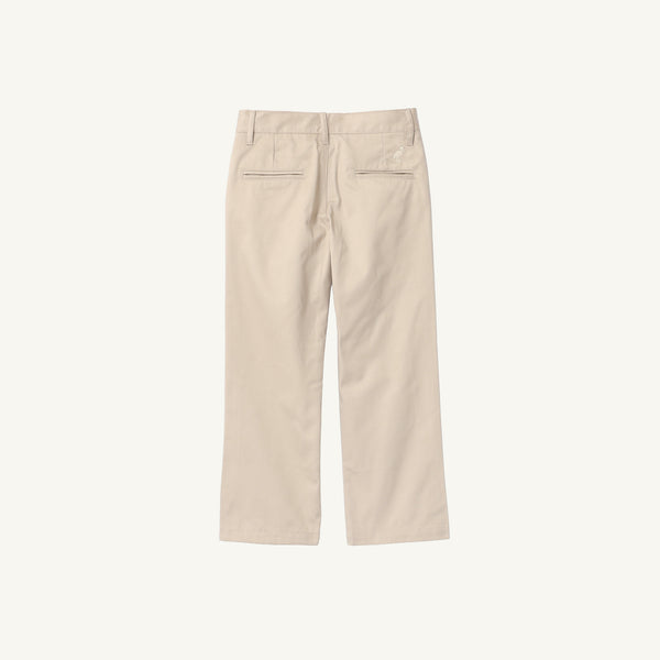 Prep School Pants in Keeneland Khaki featuring two back pockets and a small embroidered stork on the right pocket, designed in a classic boys’ style.