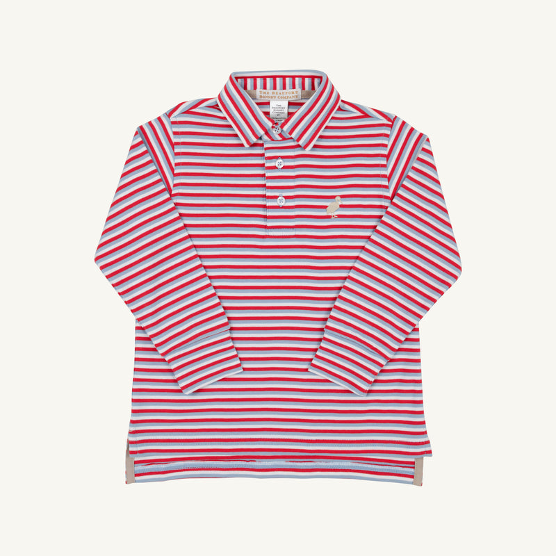 Long Sleeve Prim & Proper Polo & Onesie - Sumner County Stripe (Barrington Blue) with Keeneland Khaki Stork, featuring long sleeves, red, white, and blue horizontal stripes, and a small stork embroidery on the chest.