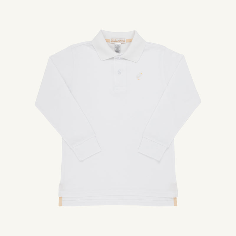 Long Sleeve Prim & Proper Polo & Onesie - Worth Avenue White with Multicolor Stork