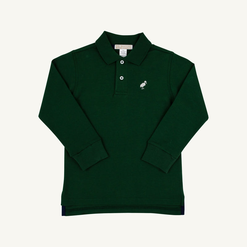 The Beaufort Bonnet Company’s Long Sleeve Prim & Proper Polo in Grier Green with a collar, three white buttons, and a small Palmetto Pearl stork logo on the left chest is displayed on a plain light background.
