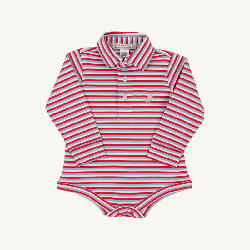Long Sleeve Prim & Proper Polo & Onesie - Sumner County Stripe (Barrington Blue) with Keeneland Khaki Stork: a long-sleeved Pima cotton baby polo bodysuit featuring a red, blue, and white horizontal stripe pattern and an embroidered stork.