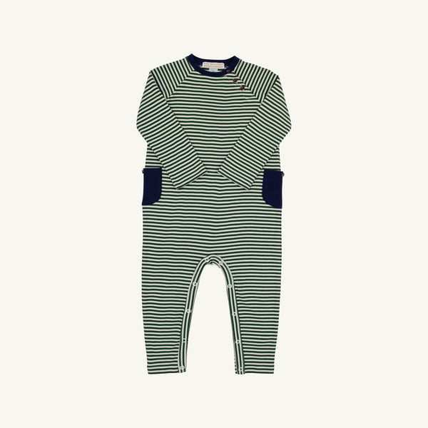 Rayburn Romper - Grier Green Stripe with Nantucket Navy by The Beaufort Bonnet Company, a long-sleeved romper for babies crafted from soft Pima cotton with green and white horizontal stripes, detailed with a Nantucket Navy collar, cuffs, and pockets. Shown laid flat on a white background—perfect as a cozy fall outfit.