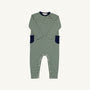 Rayburn Romper - Grier Green Stripe with Nantucket Navy by The Beaufort Bonnet Company, a long-sleeved romper for babies crafted from soft Pima cotton with green and white horizontal stripes, detailed with a Nantucket Navy collar, cuffs, and pockets. Shown laid flat on a white background—perfect as a cozy fall outfit.