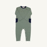 Rayburn Romper - Grier Green Stripe with Nantucket Navy by The Beaufort Bonnet Company, a long-sleeved romper for babies crafted from soft Pima cotton with green and white horizontal stripes, detailed with a Nantucket Navy collar, cuffs, and pockets. Shown laid flat on a white background—perfect as a cozy fall outfit.