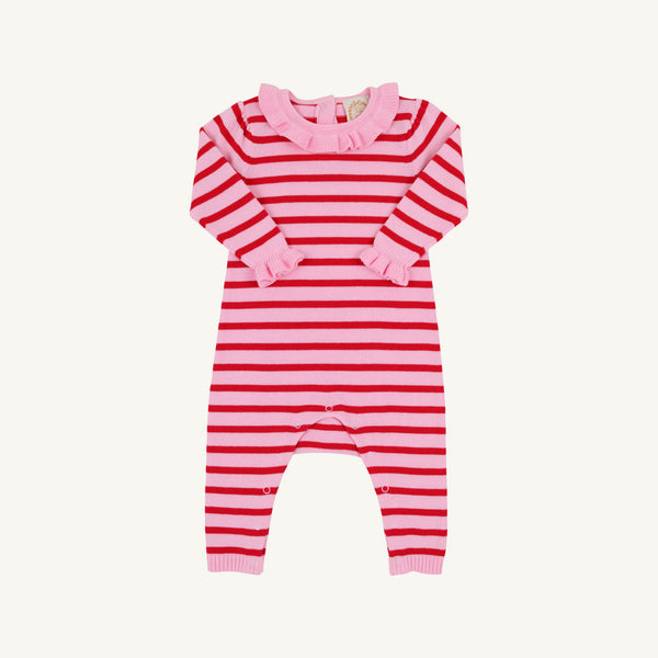 The Beaufort Bonnet Company’s Reece Ruffle Romper in Richmond Red & Pier Party Pink Stripe is a baby onesie featuring long sleeves, ribbed cuffs, a delicate ruffle collar, and snap buttons along the inner legs. Made from 100% cotton and shown laid flat on a white background, it’s perfect as a holiday outfit.