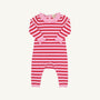 The Beaufort Bonnet Company’s Reece Ruffle Romper in Richmond Red & Pier Party Pink Stripe is a baby onesie featuring long sleeves, ribbed cuffs, a delicate ruffle collar, and snap buttons along the inner legs. Made from 100% cotton and shown laid flat on a white background, it’s perfect as a holiday outfit.