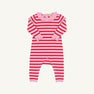 The Beaufort Bonnet Company’s Reece Ruffle Romper in Richmond Red & Pier Party Pink Stripe is a baby onesie featuring long sleeves, ribbed cuffs, a delicate ruffle collar, and snap buttons along the inner legs. Made from 100% cotton and shown laid flat on a white background, it’s perfect as a holiday outfit.