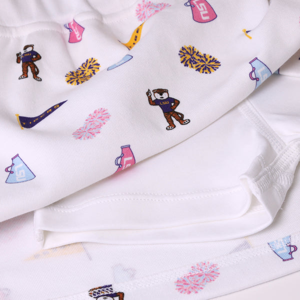 The Beaufort Bonnet Company’s LSU Searcy Skort – Tenacious Tigers with Worth Avenue White features a playful Tenacious Tigers print on crisp white Pima cotton, adorned with colorful cartoon cheerleaders, pom-poms, megaphones, and number 5 jerseys—perfect for spirited school style.