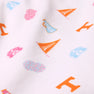 White fabric featuring repeating orange Tennessee flags, T logos, blue megaphones, and blue and pink pom-poms, alongside playful blue and pink animal mascots. This sporty collegiate print is perfect for showing your Victory in Orange spirit or pairing with The Beaufort Bonnet Company’s Tennessee Searcy Skort – Victory in Orange with Worth Avenue White on gameday.
