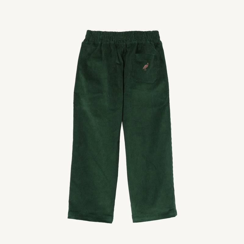 The Beaufort Bonnet Company Sheffield Pants in Grier Green Corduroy, featuring an elastic waistband and a small back pocket with a Gray Bay Brown stork embroidery, are perfect for fall activities and shown on a plain white background.