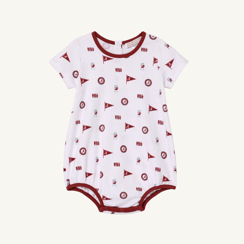 The Alabama Short Sleeve Patton Play Bubble - Sweet Home Honey with Alabama Crimson by The Beaufort Bonnet Company features a white base with maroon trim and an all-over print of maroon flags, circular emblems, and small mascots. Made from 100% Pima Cotton Knit, this sweet and comfortable romper is perfect for your little one.