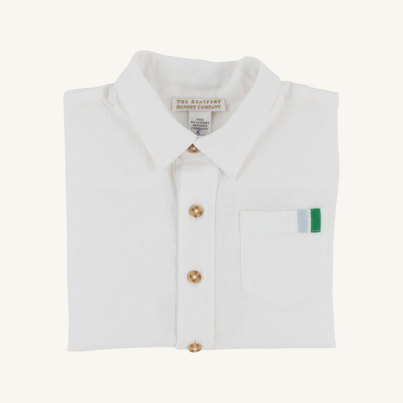 Short Sleeve Dean's List Dress Shirt (Linen) - Worth Avenue White, Buckhead Blue, and Kiawah Kelly Green with Tortoise Shell Buttons